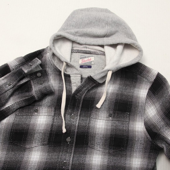 johnnie-O Other - Johnnie O Shacket Jacket Mens Medium Black Gray Plaid Hooded Cotton Flannel
